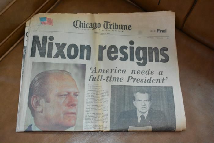 Newspaper headline: Nixon Resigns 2