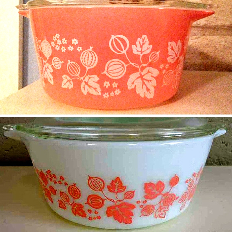 vintage Pyrex Gooseberry casserole dishes