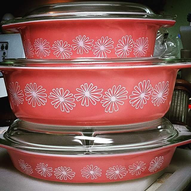 Pyrex Pink Daisy casserole dishes