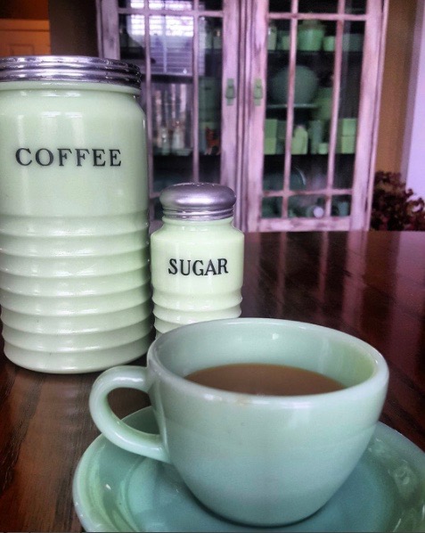 Jadeite mug of coffee with jadeite coffee and sugar canisters