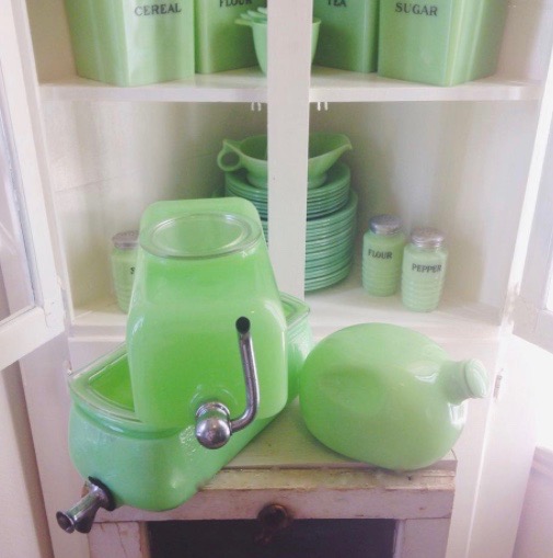 Sneath Jadeite Water Dispenser and McKee Jadeite Pinch Bottle