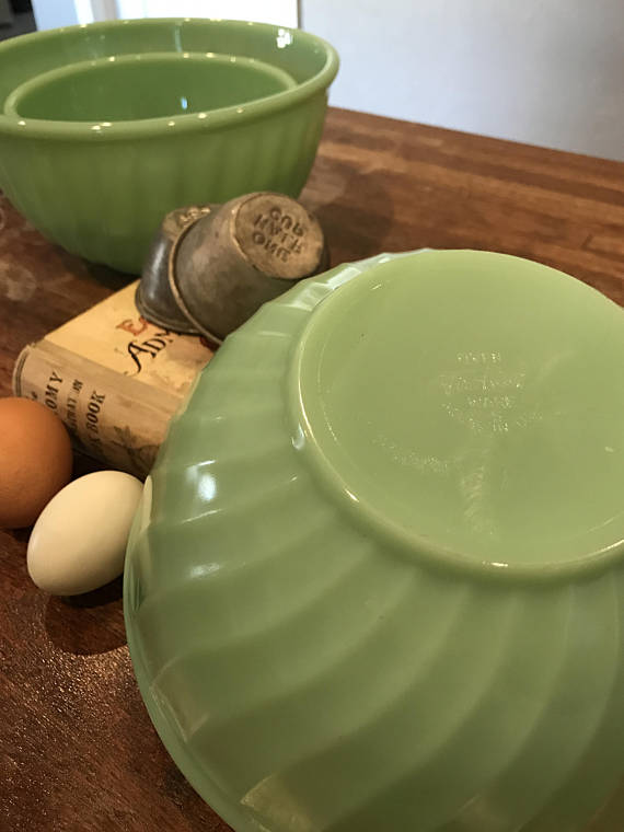 Vintage Jadeite Bowl - 1950's Green Milk Glass Fire King Oven Ware