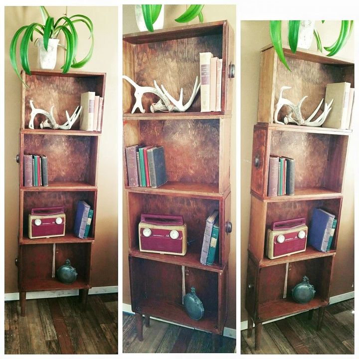 Three images of bookshelves made from dresser drawers.