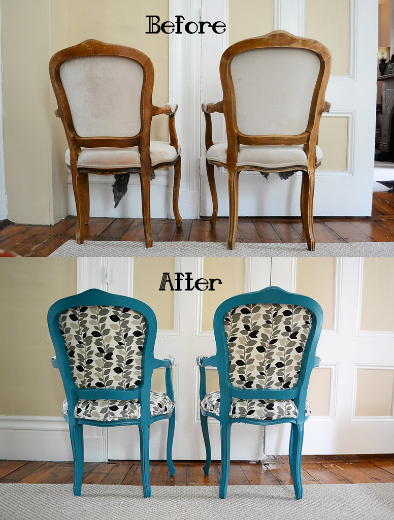Two chairs with brown frames and white upholstery in a "before" photo and the same chairs with blue frames and patterned upholstery in an "after" photo. 