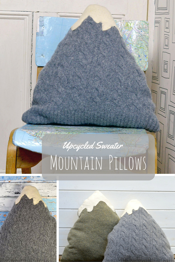 A collage of images featuring mountain-shaped pillows made from sweaters and felt.