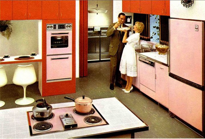 Couple in a pink and orange kitchen (drawing).