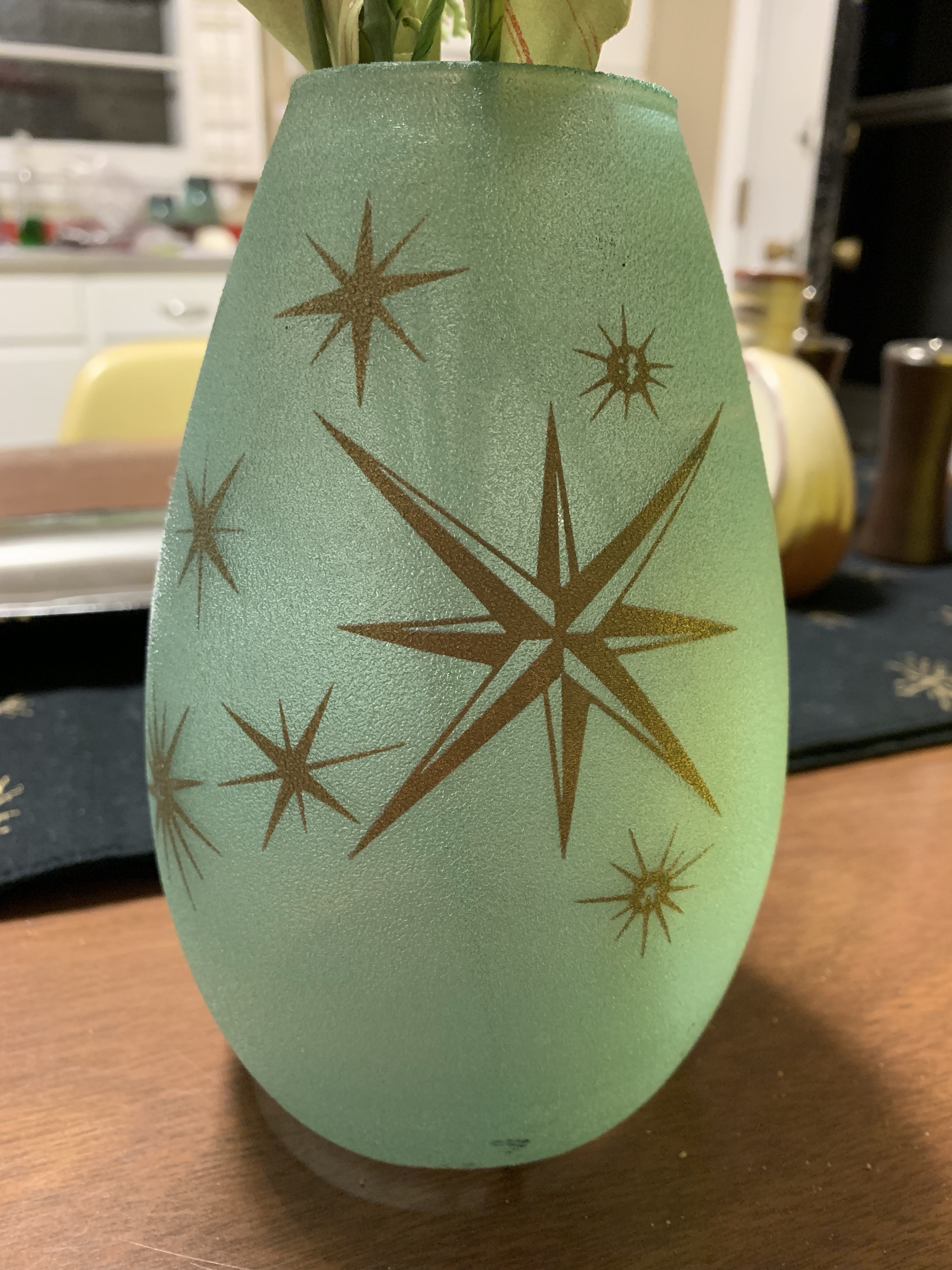 frosted blue vase with gold stars