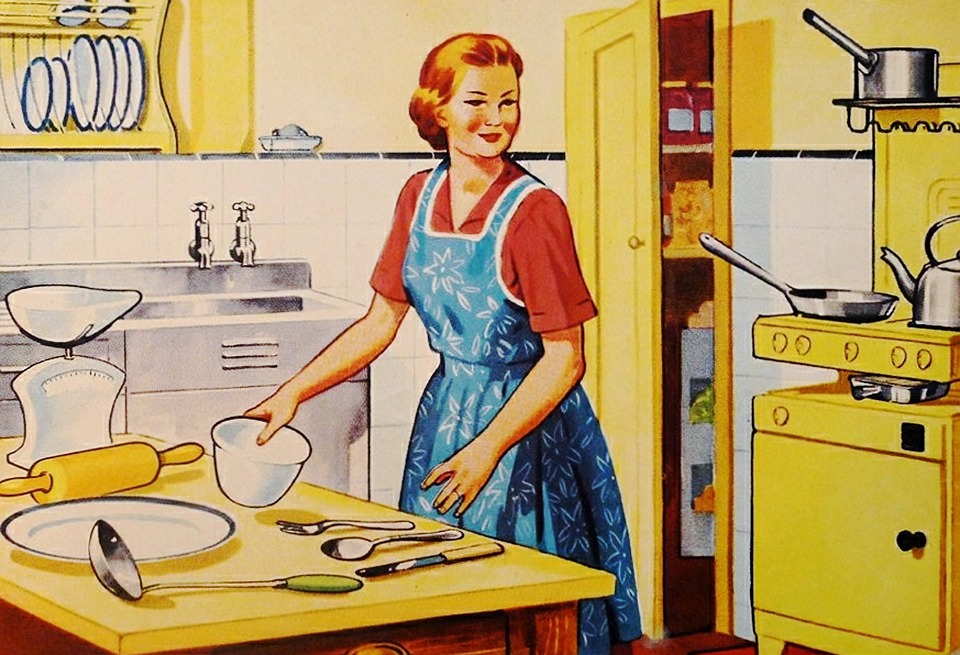 Drawing of a housewife in a yellow kitchen.