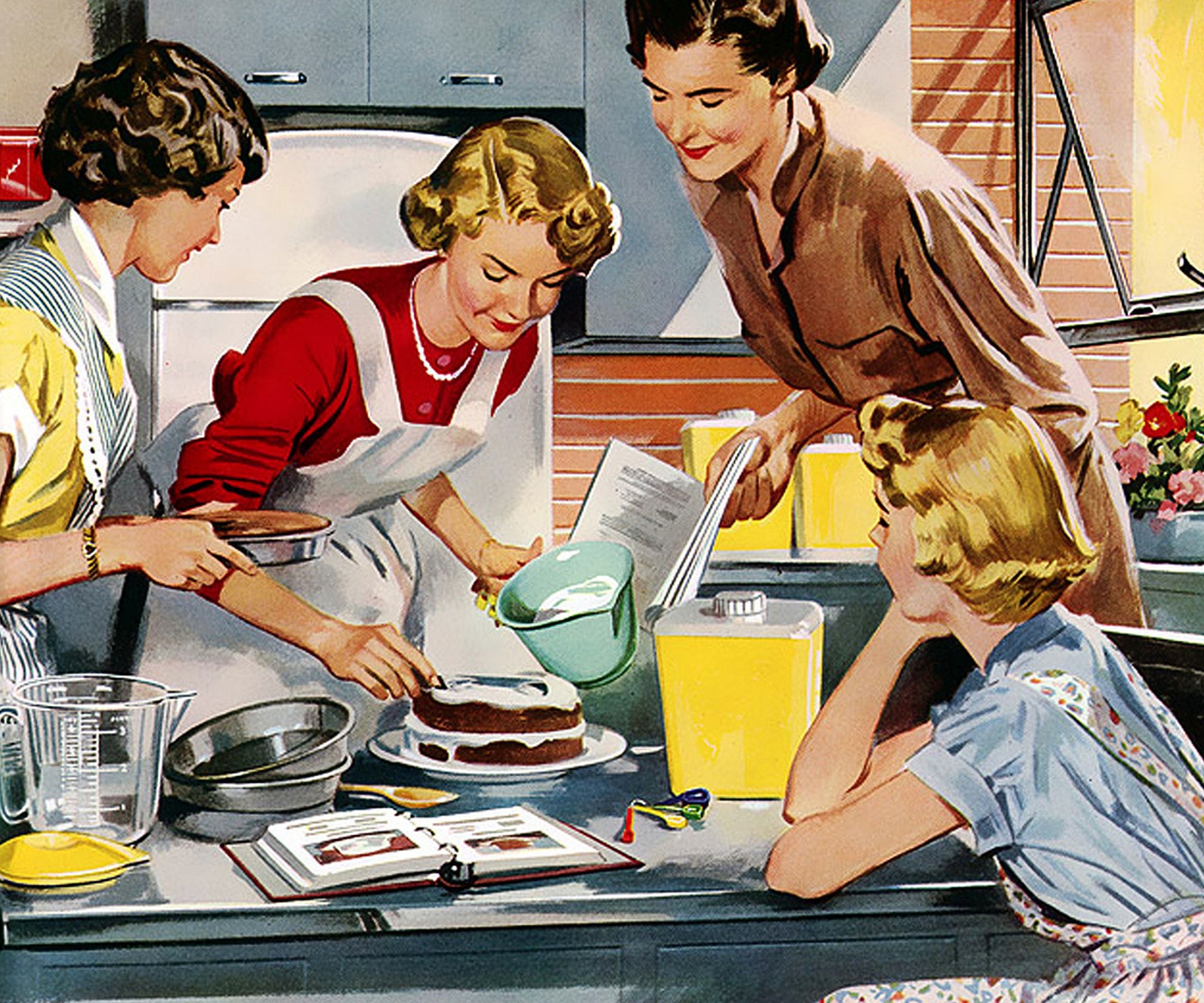Retro drawing of four women baking a cake together in a kitchen.