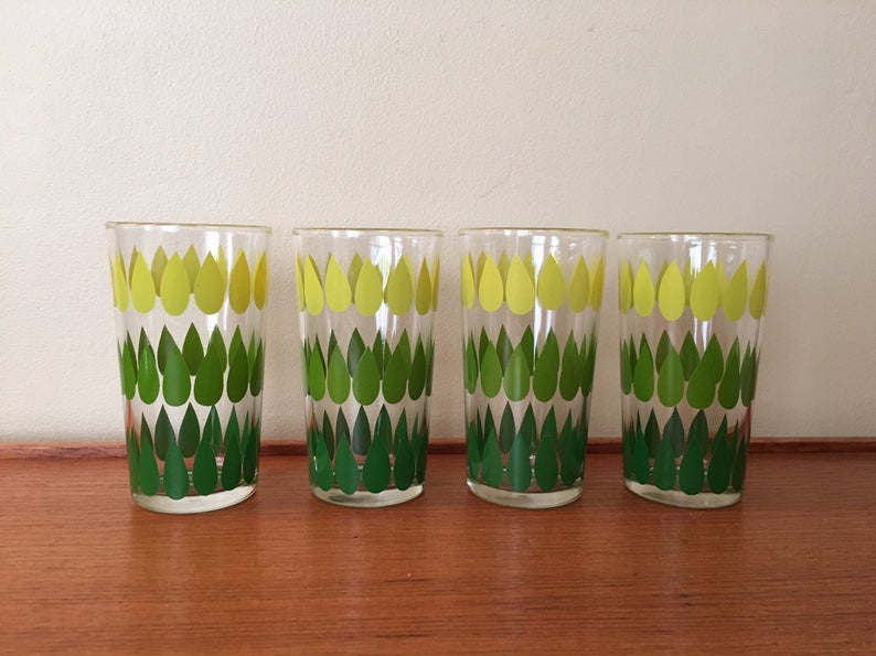 Glasses with green and yellow pattern.