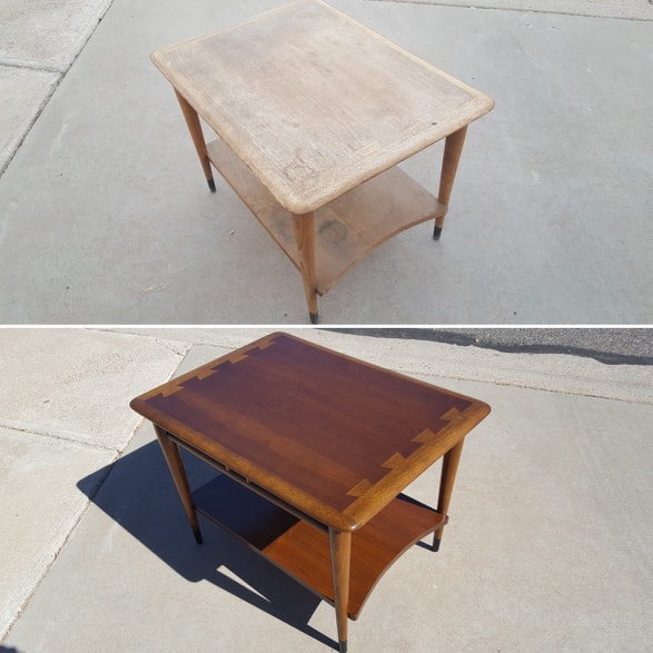 Before and after of refinished brown table 