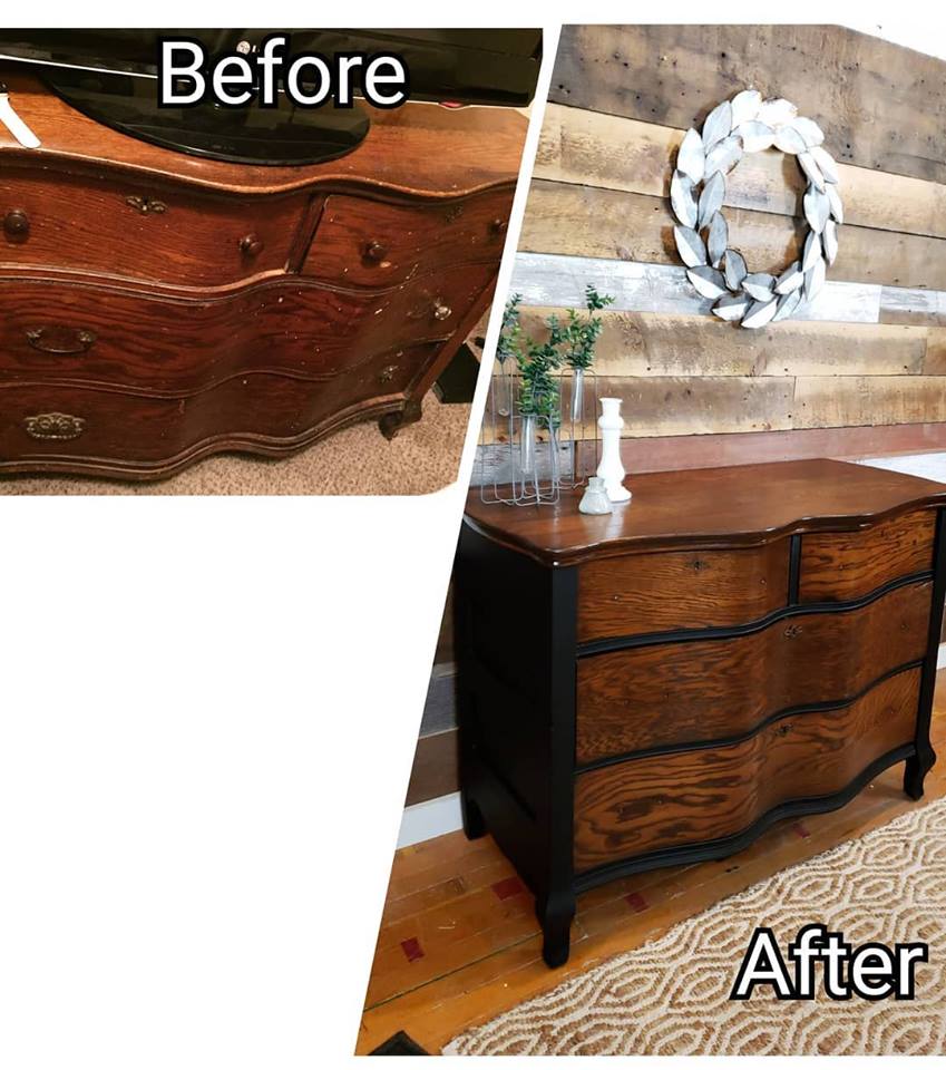 Before and after of wooden wavy-faced dresser.