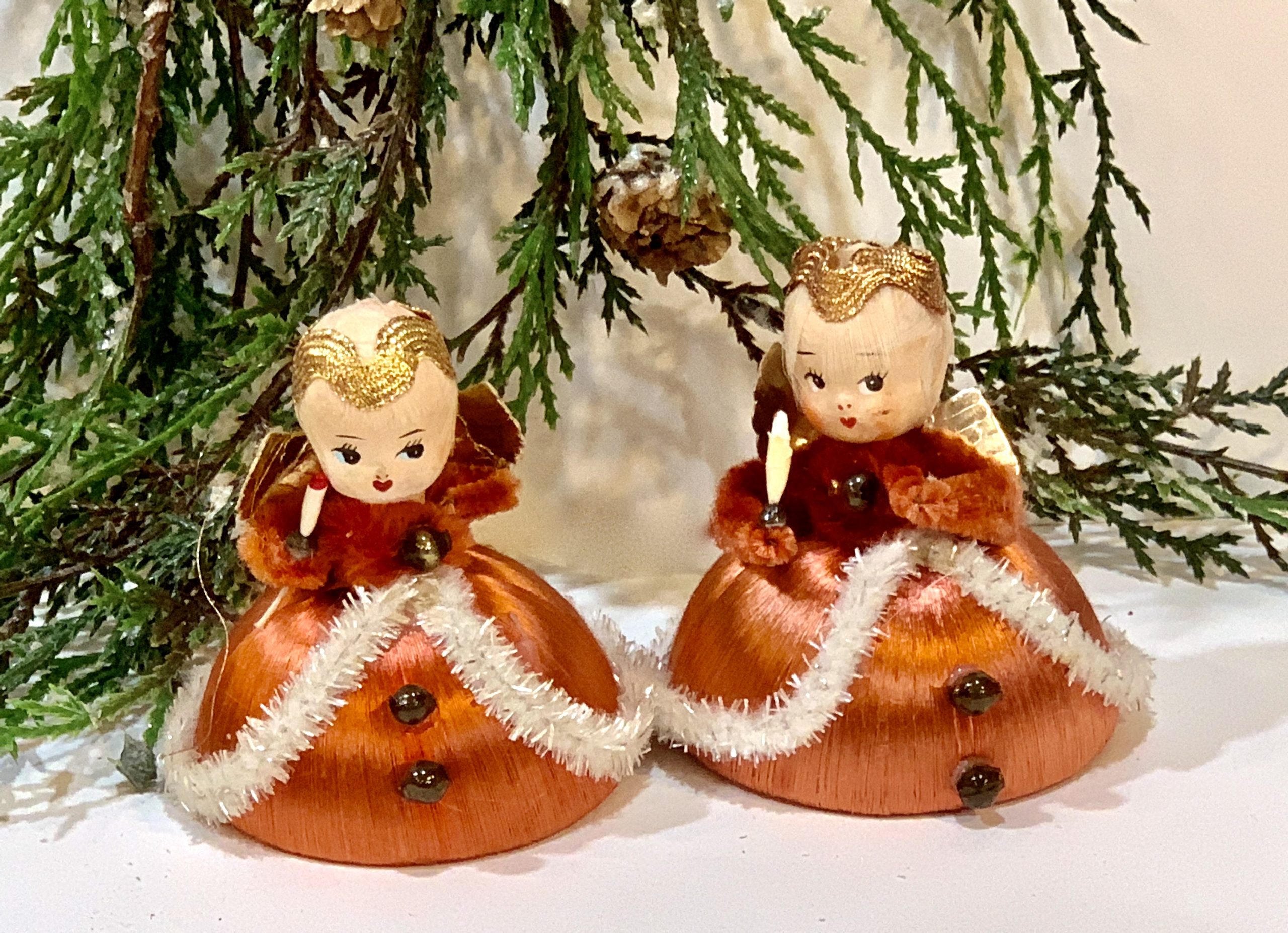 Set of 6-1970’s Hand Made Peach Stone Angels Old Vintage Christmas Tree Ornaments