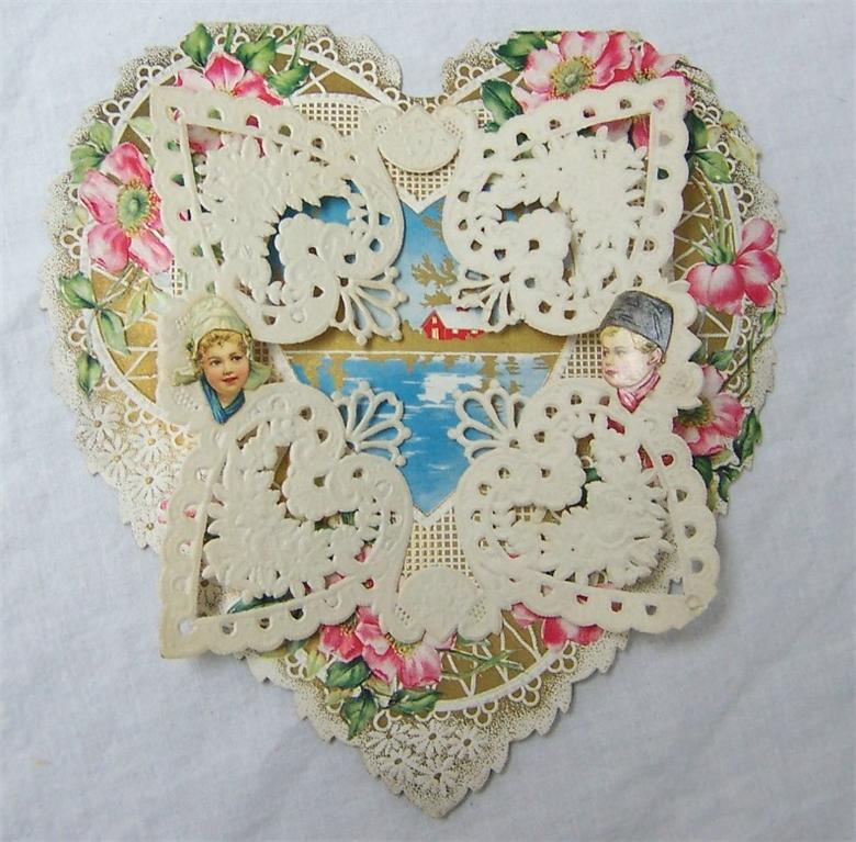 Vintage Valentines Day Card to My Love Sweet 1920's Lacy Doily Heart W/  Ribbon & Flowers Valentine 