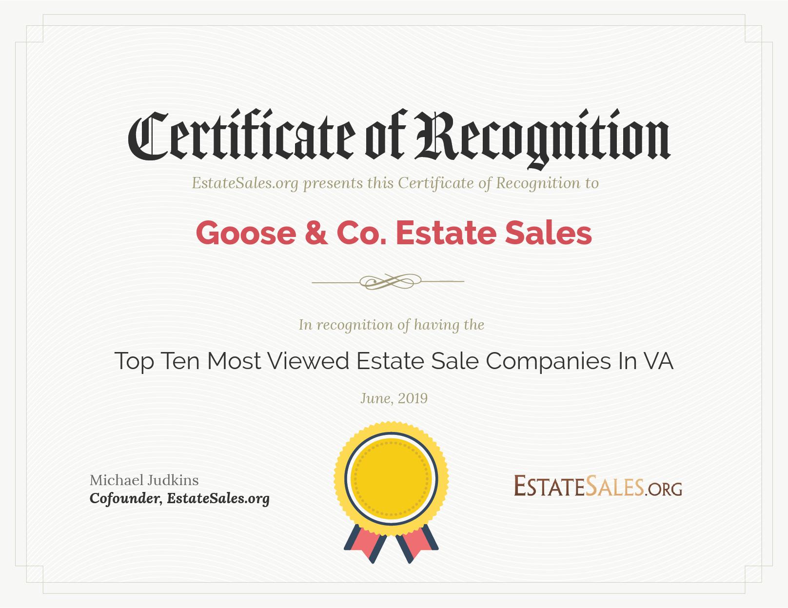 Most Viewed Estate Sale Company Award