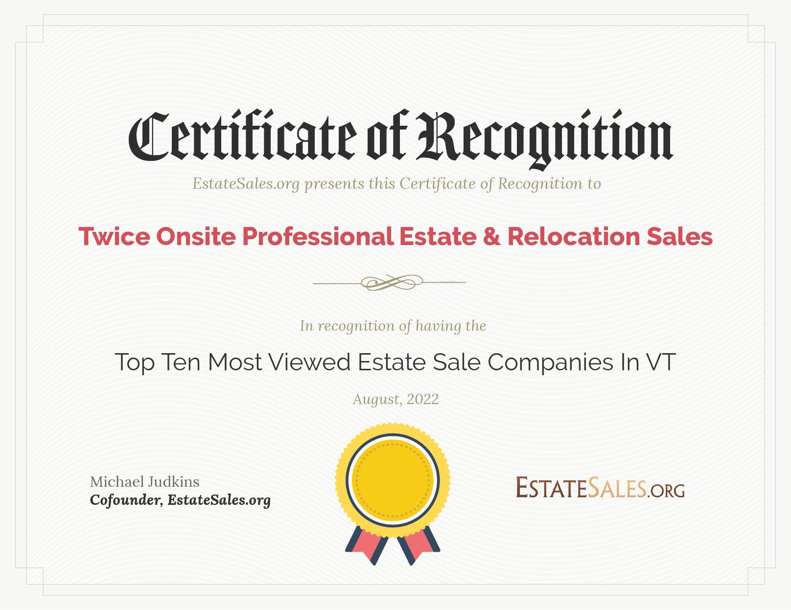 Most Viewed Estate Sale Company Award