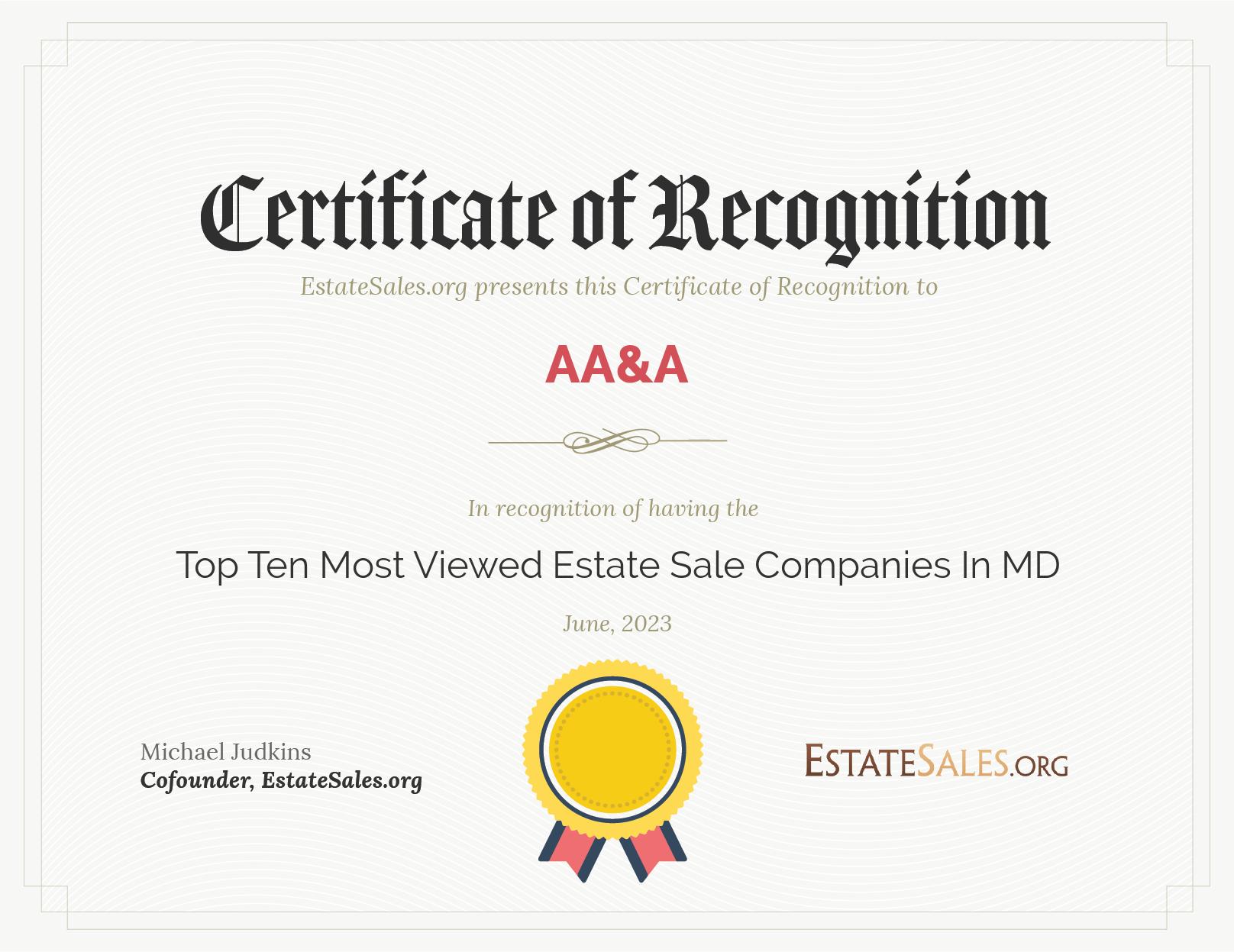 Most Viewed Estate Sale Company Award