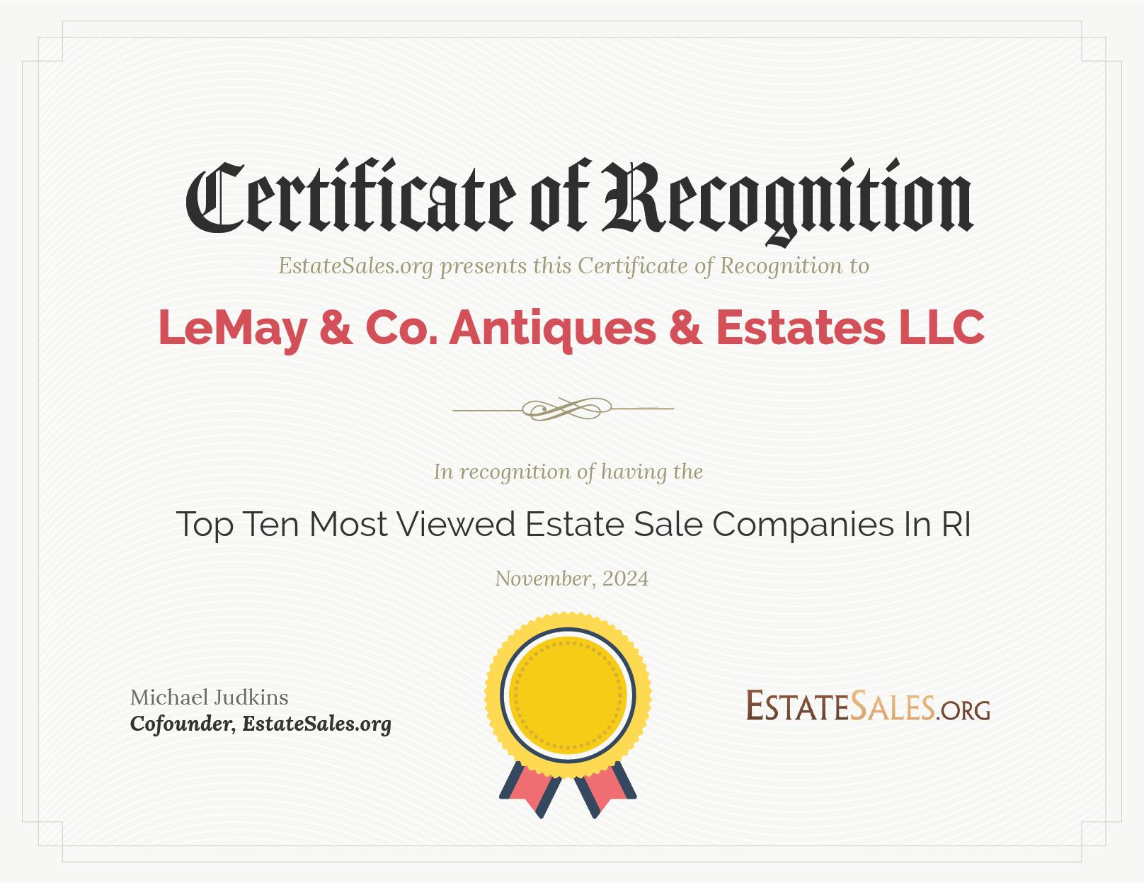Most Viewed Estate Sale Company Award