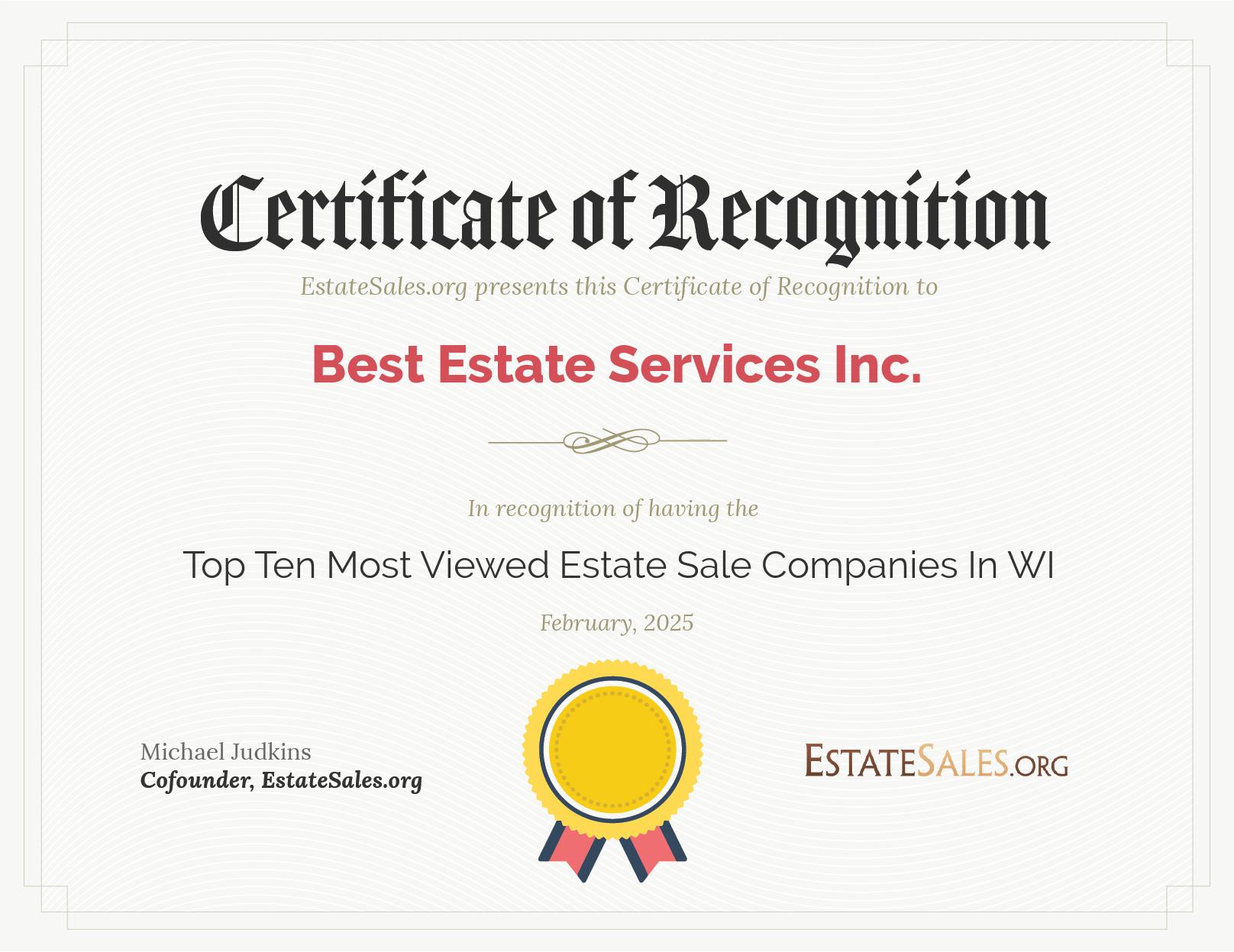 Most Viewed Estate Sale Company Award